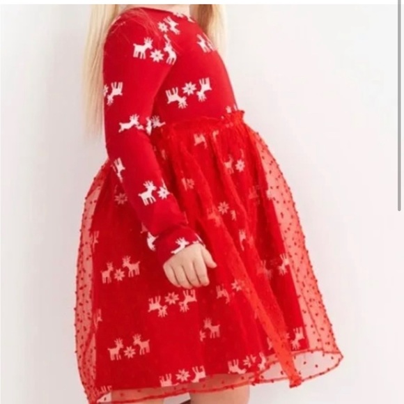 Hanna Andersson Dress Girls 3T 90 cm Reindeer Tulle Skirt Christmas Red White - Picture 1 of 7